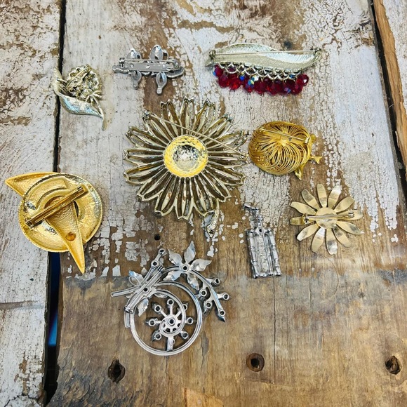 Vintage Brooch Lot Mixed Metal Flowers Abstract Rhinestone Enamel Pins - Picture 7 of 7